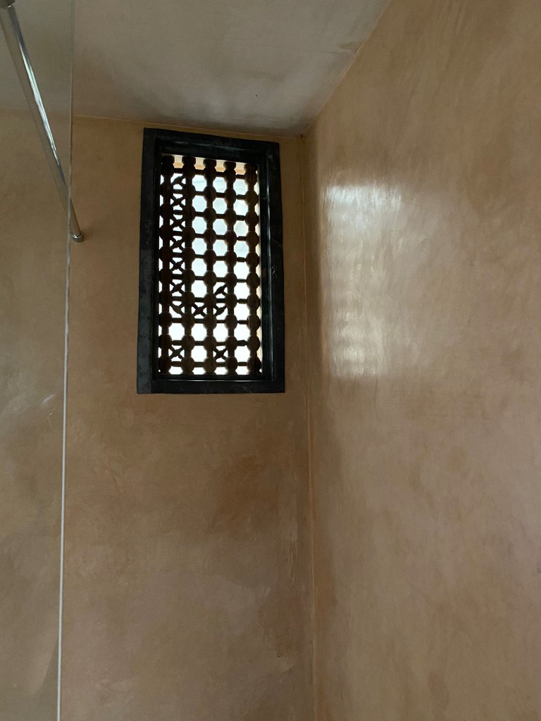 Tadelakt bathroom wall with rich earthy tone and sheen
